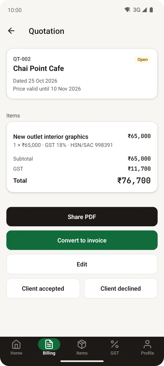 A quotation for Chai Point Cafe with a Convert to invoice button